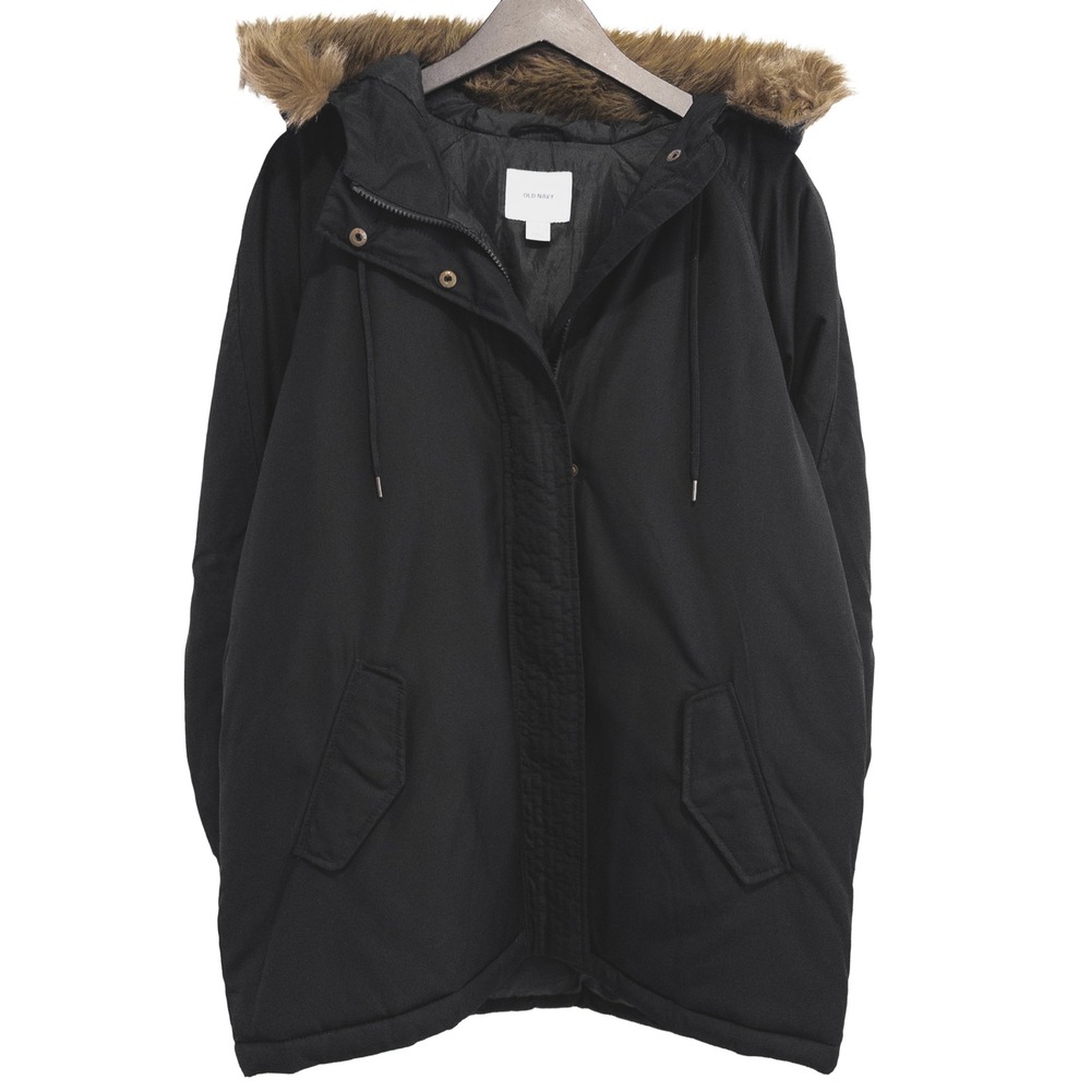Old Navy Winter Jacket Womens L Black Faux Fur Trim Hooded Parka Winter Coat
